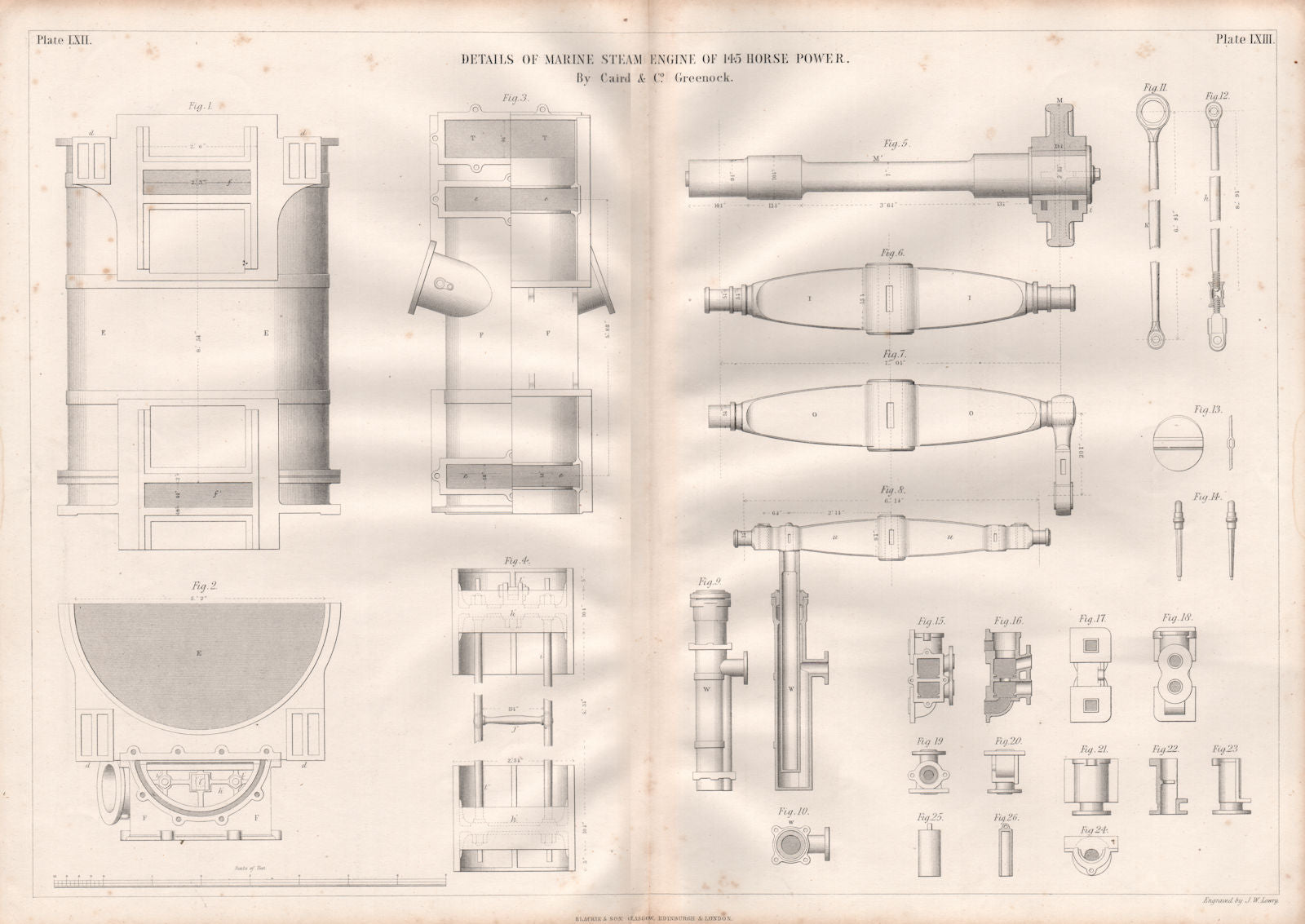 19C ENGINEERING DRAWING. 145hp marine steam engine details. Caird & Co. 1847